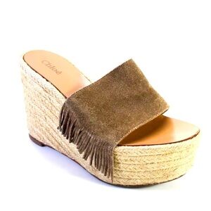 CHLOE Suede Fringe Wedges Espadrille Heels Dark Tan